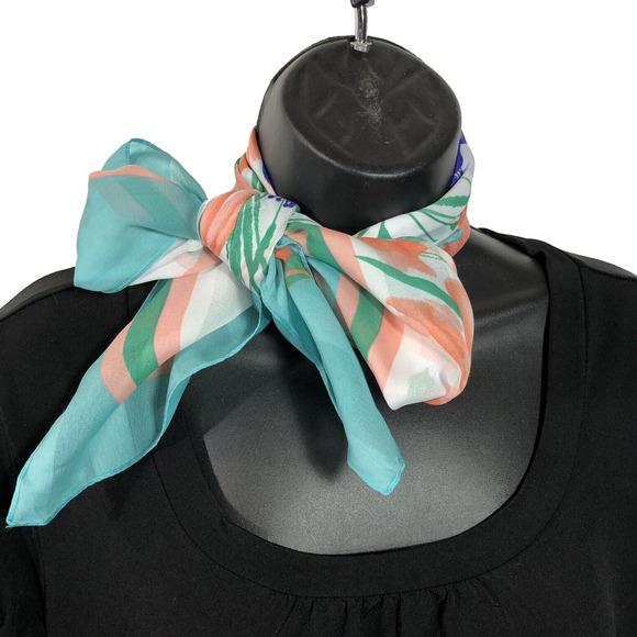 Floral Coquette Scarf Blue Peach 30" Square Striped Bow Retro Italy Vintage - Picture 10 of 10